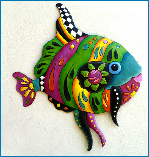 Funky Tropical Fish Wall Decor - Hand Painted Metal Outdoor Garden Decor - 24" x 28"
